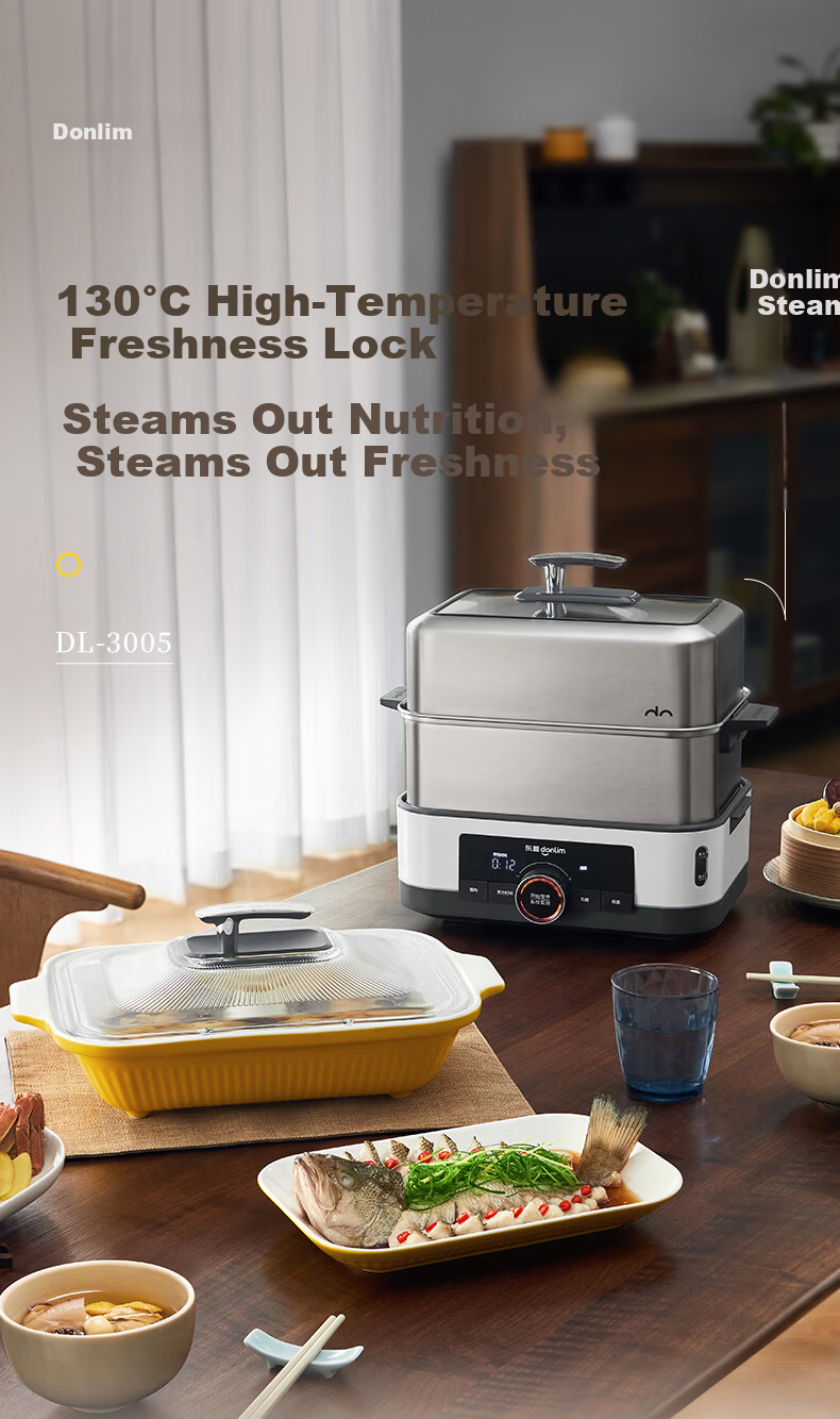 Donlim 618 Price Protection Electric Steamer Multi-Functional Steaming and Stewing Pot Double-Layer Stainless Steel 1005 Upgraded Large Capacity Steam Cooker with Reservation Timer for 3-4 People DL-3 4
