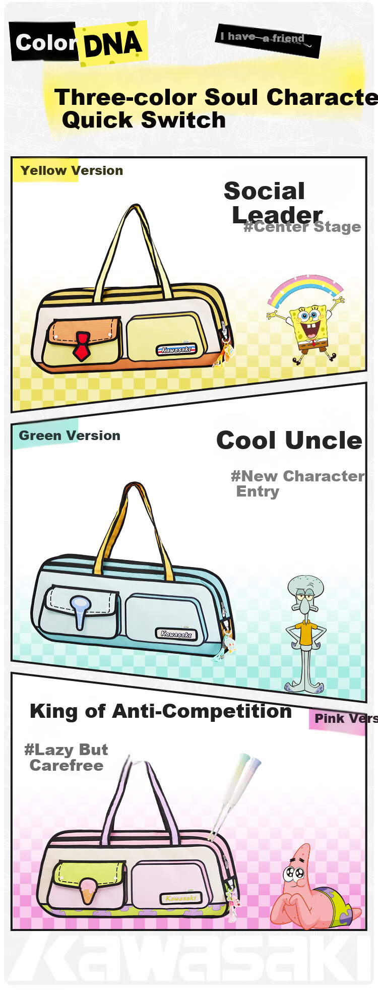 KAWASAKI SpongeBob Collaboration Cartoon Shoulder Bag C8263 Squidward Green 2
