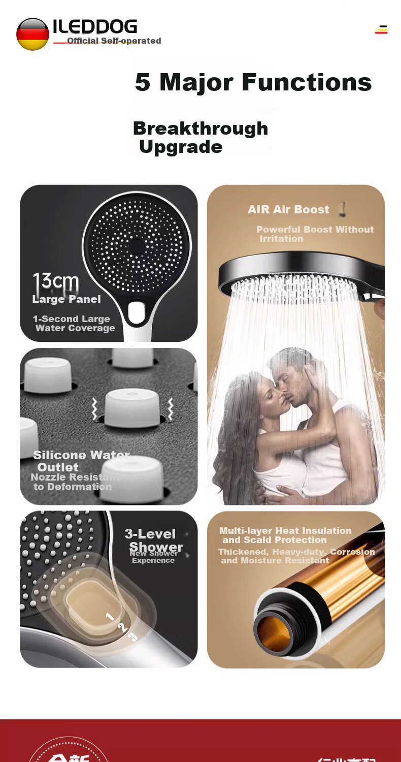 ILeddog [Germany] High-Pressure Shower Head Powerful Water Flow Home Bathroom Handheld Shower Set S0303 3