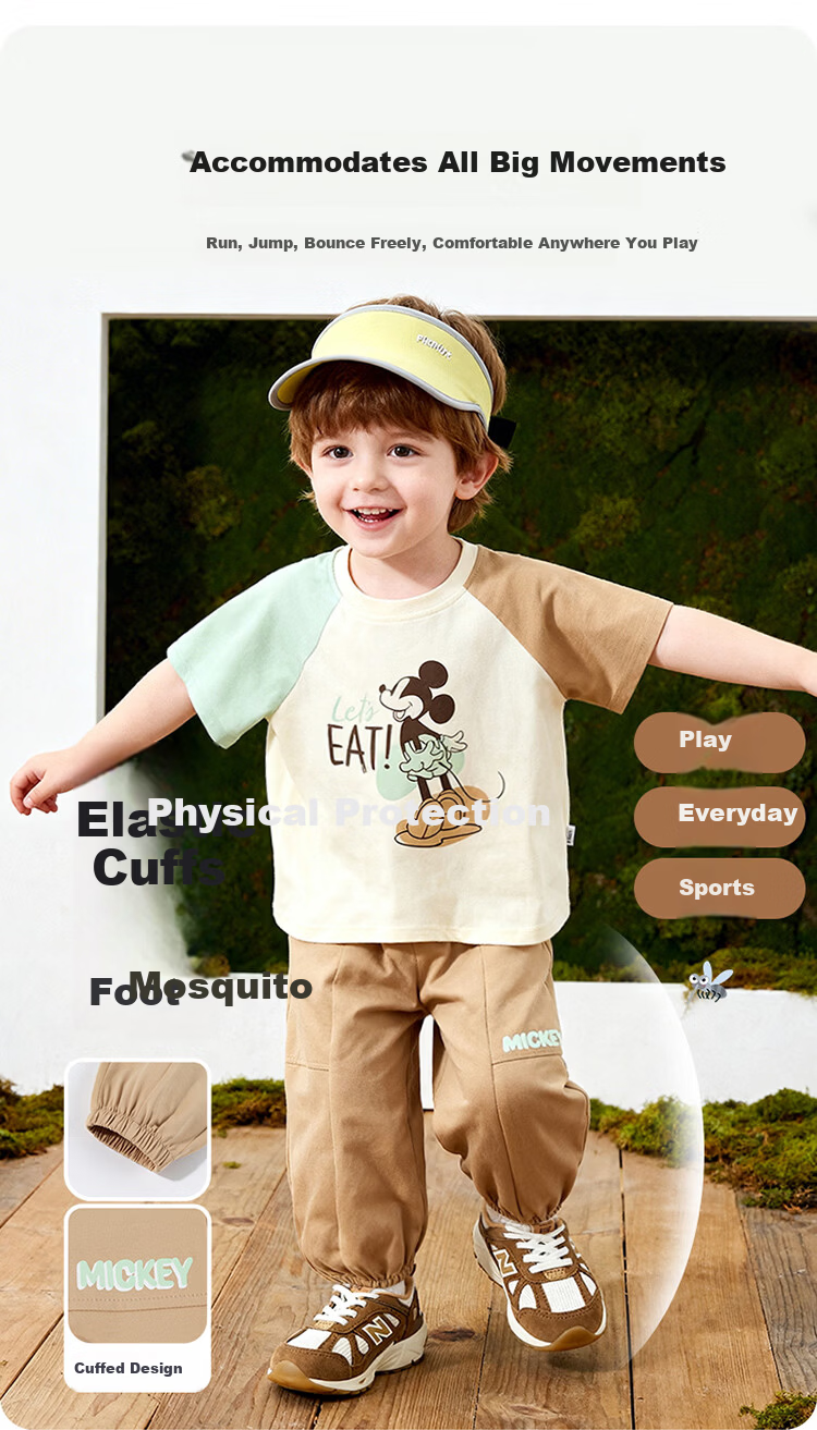 Disney Boys Casual Sports Cartoon Comfortable Cooling Short Sleeve Mosquito-Repellent Pants Set Summer New Light Khaki 110 4