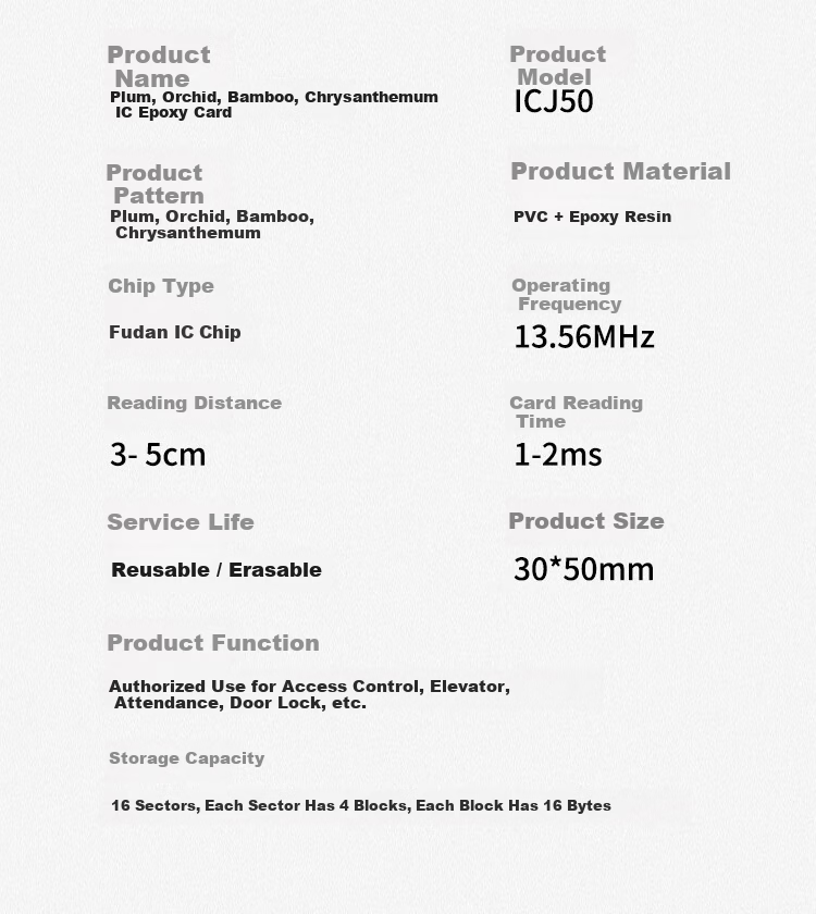 ZhenDi IC Card Epoxy Resin Card Community Property Access Card Company Attendance Card Fingerprint Lock Mini Induction IC Card Consumption Card Canteen Card Plum Orchid Bamboo Chrysanthemum 50 Pieces  8