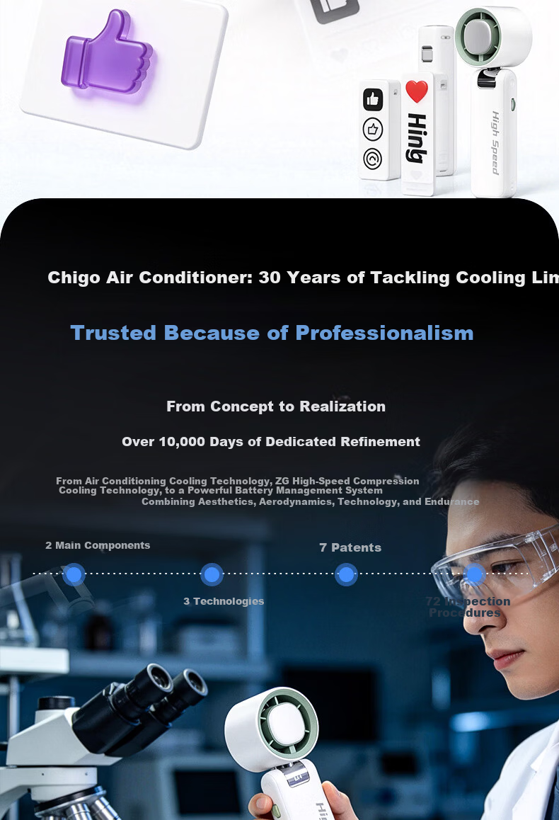 CHIGO Handheld Mini Fan Portable High-Speed Small Desktop Foldable Powerful Long Battery Life Outdoor Neck Hanging Personal Cooling Fan for Students Office Ice Compress Food Blowing 4