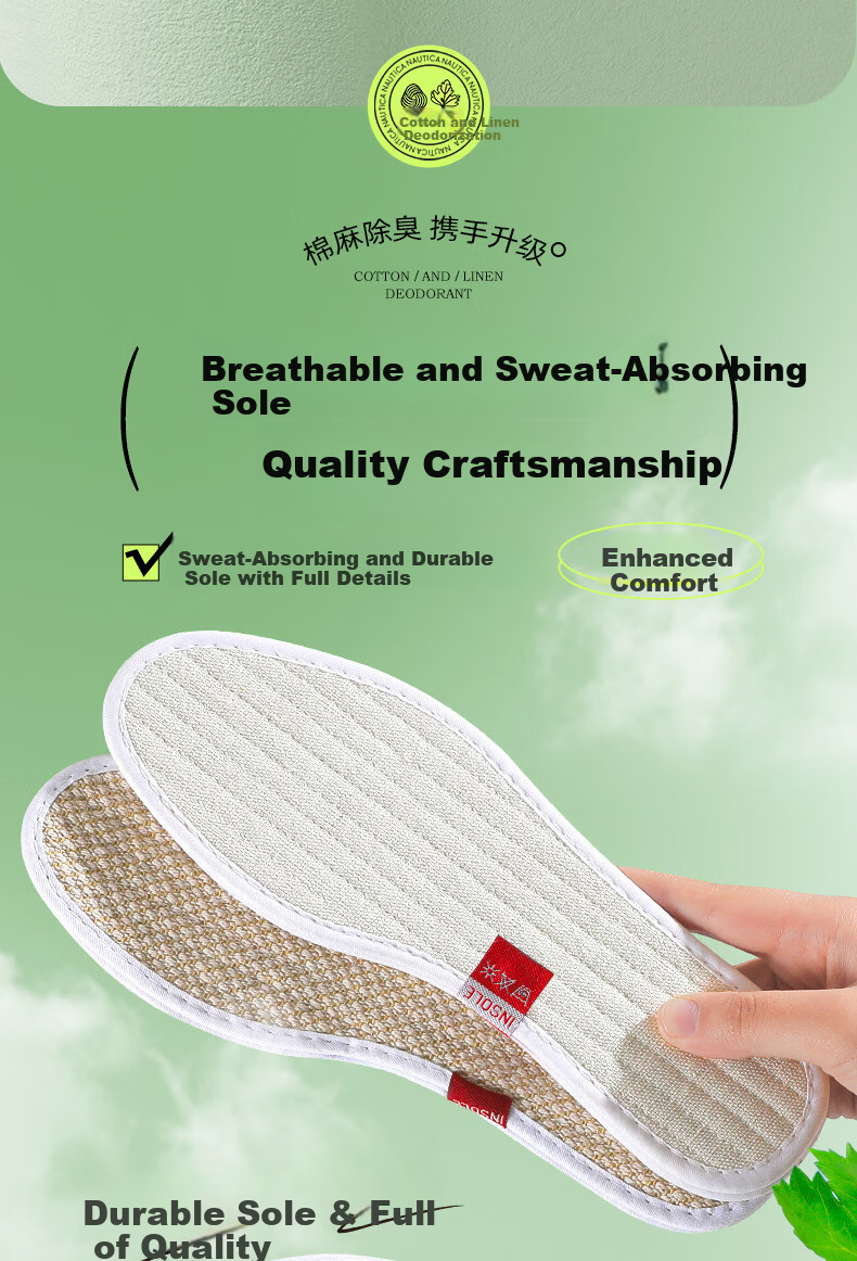 Langsha 3 Pairs Cotton Linen Deodorant Insoles Unisex Sweat-Absorbing Breathable Soft Comfortable Cotton Fabric Linen Anti-Sweat Leather Shoes Size 35 9
