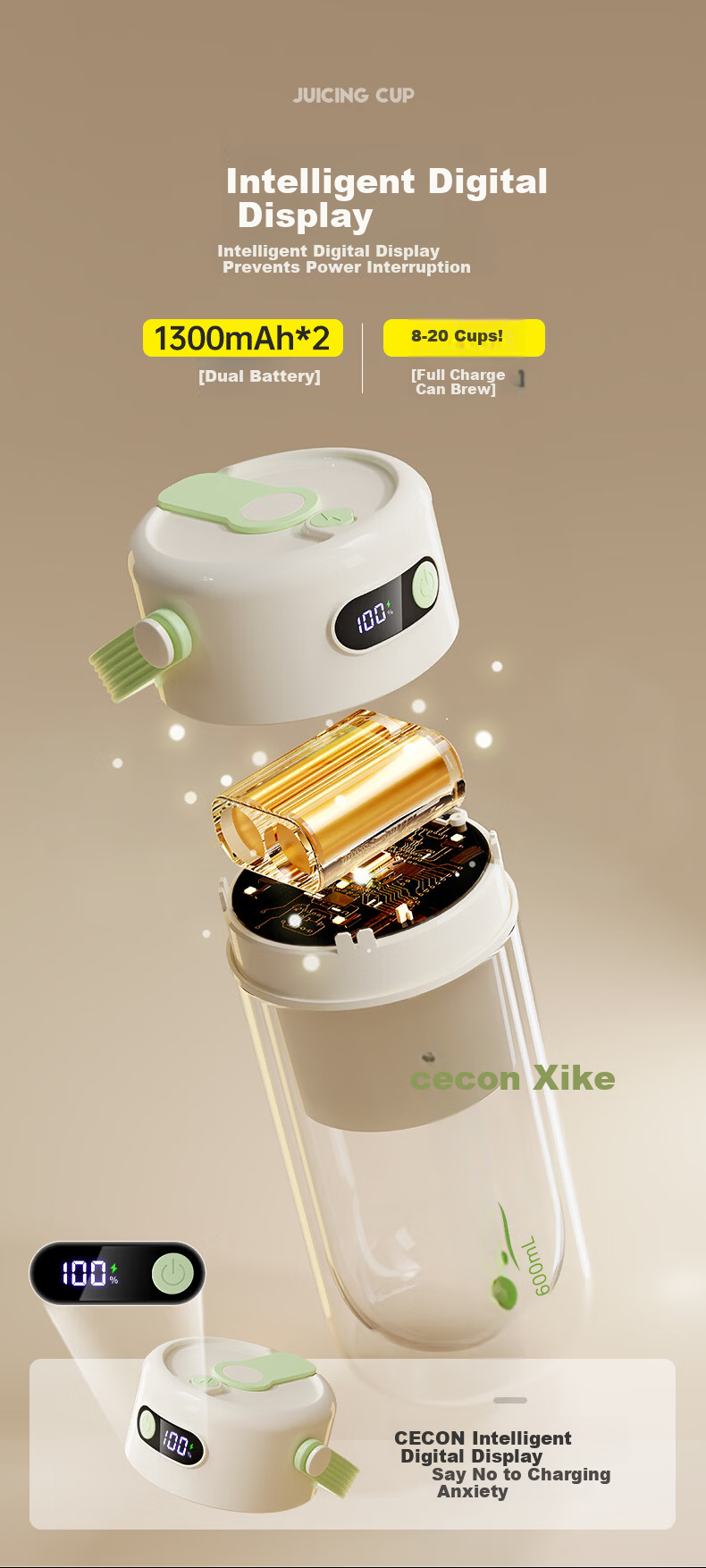 Xike Portable Juicer Double-Layer Glass Insulated Ice-Crushing Juice Cup Small Household Multifunctional Wireless Rechargeable Electric Fruit Blender with Dual Lids GZ4506 6
