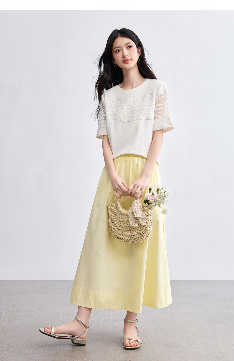 Shangdu Bila Cotton Spliced Lace Trim Round Neck Short Sleeve T-Shirt Women Summer Slim Straight Top Elegant Temperament Women's Wear 16