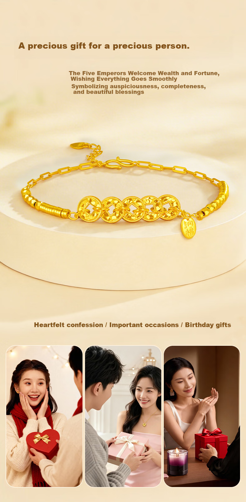 Lao Feng Xiang S925 Silver Five Emperor Coins Ice Fragment Wealth Bracelet Adjustable Women's Valentine's Day Gift for Girlfriend 5