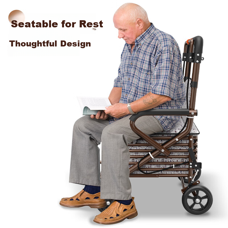 Boyun Elderly Walker Cart Foldable Push Walker with Seat Large Single Wheel Shopping Cart for Seniors