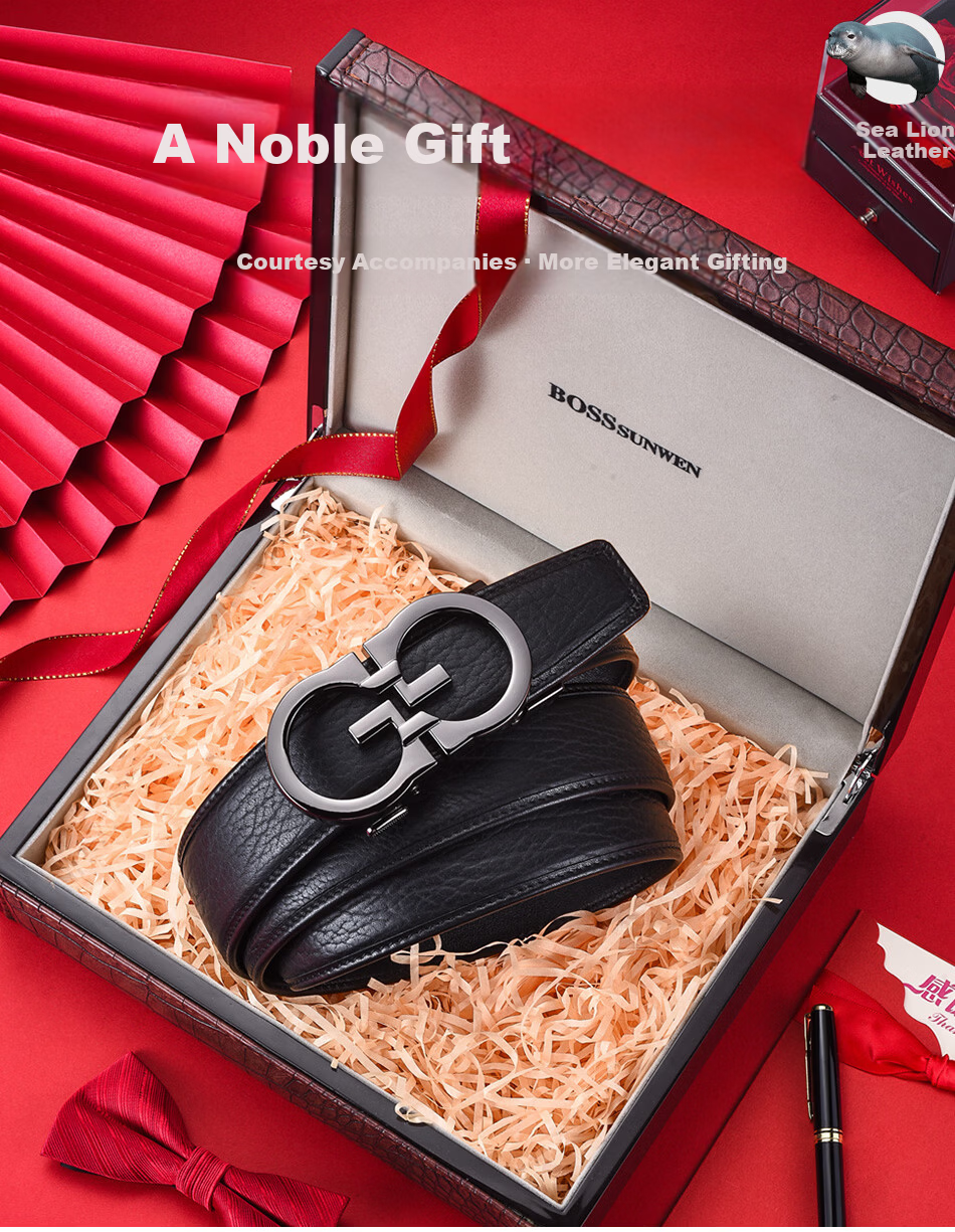 BOSSSUNWEN Bosshenwei Sea Lion Genuine Leather Automatic Buckle Belt Gift for Boyfriend Husband Birthday Anniversary High-End Business Gift Box 4