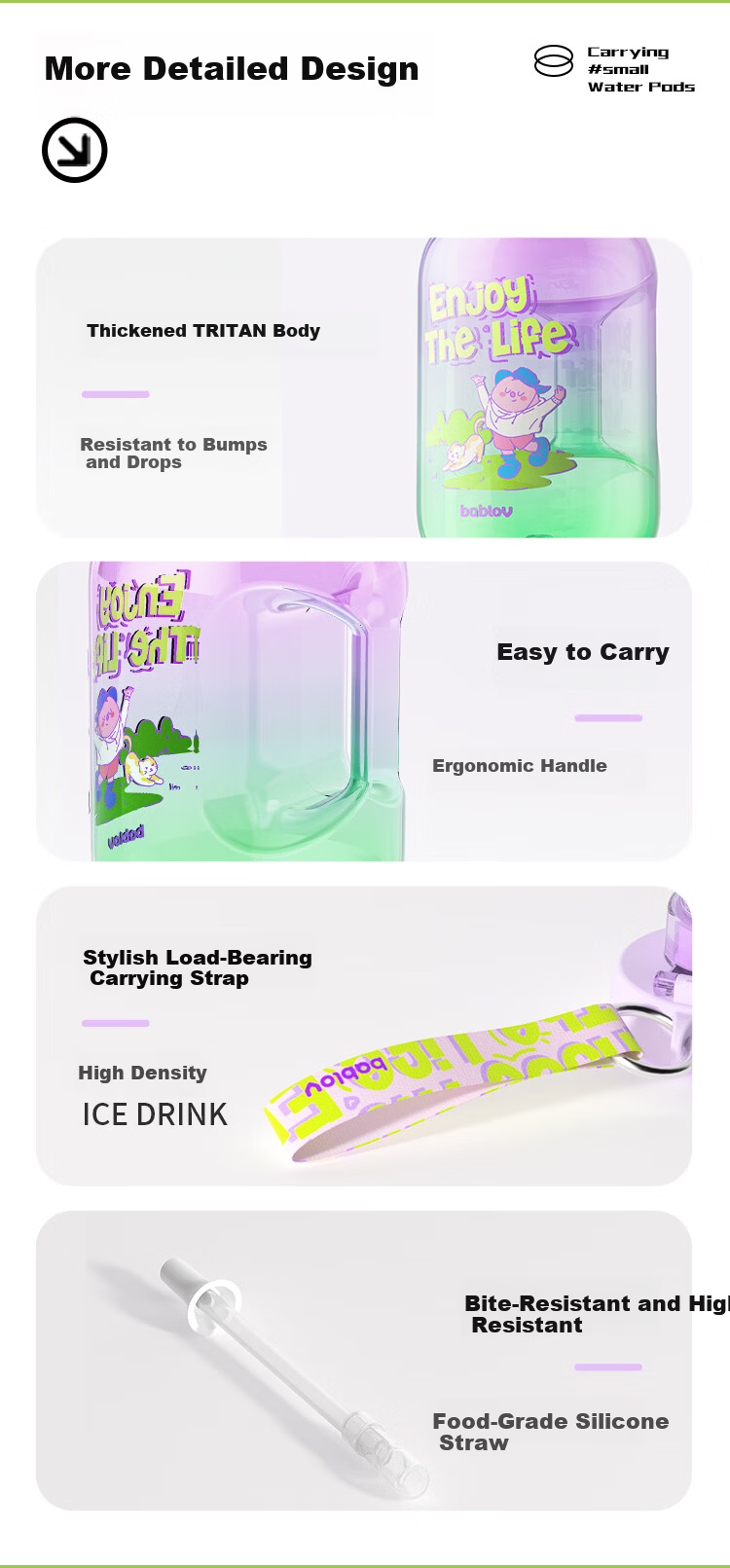 BABLOV Huaban Sen Large Capacity Water Bottle for Women Summer High Temperature Resistant Portable Sports Water Jug with Straw 9