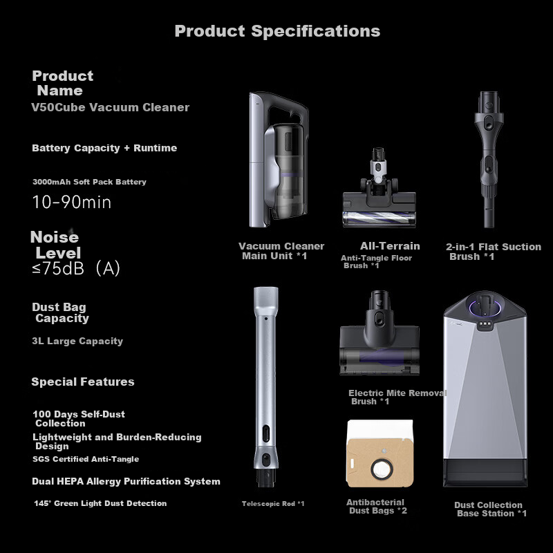 Narwal Vacuum Cleaner V50Cube [100 Days Self-Emptying, No Mess, No Tangling, Intelligent Dirt Detection] Handheld Home Strong Suction Wireless Wash and Mop All-in-One Mite Removal Device
