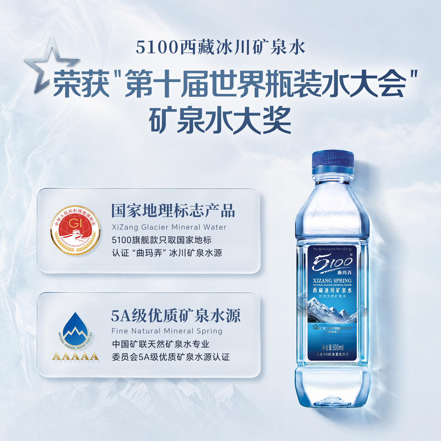 5100西藏冰川矿泉水500ml*24瓶整箱 刘涛同款高端弱碱低氘饮用矿泉水 
