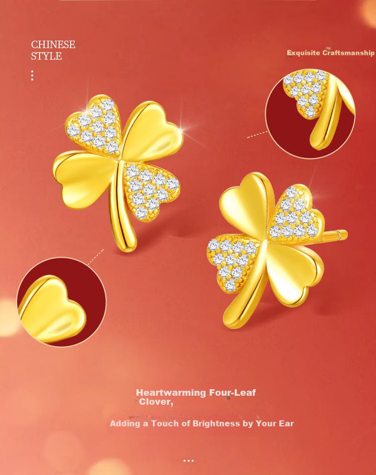 Jinliufu Auspicious Earrings Pure Silver Gold S925 Silver Morning Clover Lucky Birthday Gift 3