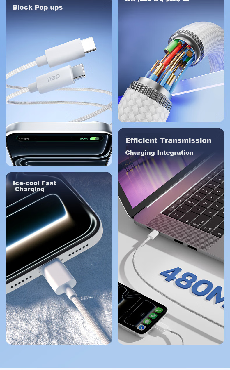 Deli Dual-Head Type-C Charging Cable PD 60W Fast Charge Braided Cable ctoC iPhone 17/16e/15 Pro Max Tablet iPad Car Charger Cable 2-Pack 1.2m 3