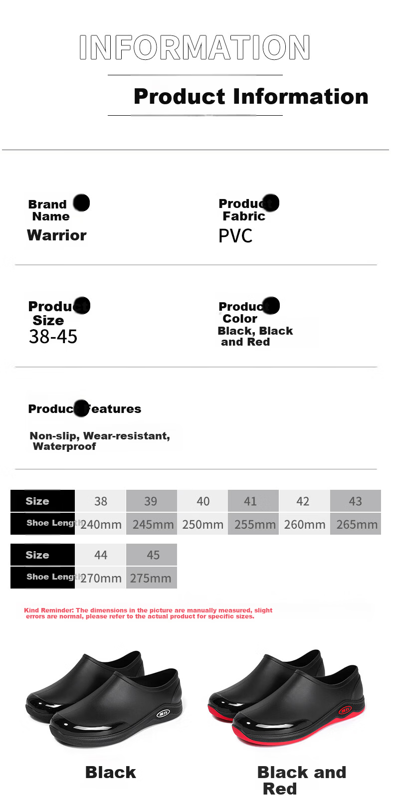 Warrior Men's Waterproof Low-Cut Kitchen Shoes Rain Boots Water Shoes Rubber Shoes 3539 Black Size 38 6
