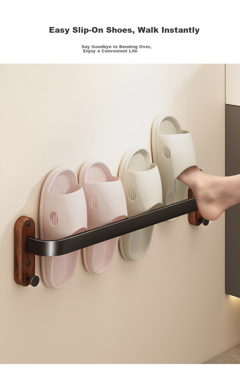 Youqin Walnut Wood Slipper Rack Bathroom Hanging Storage Shelf Wall-Mounted Draining Organizer for Toilet 8