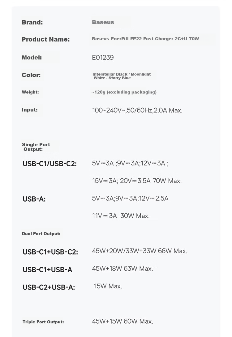 Baseus Little Ice 70W GaN Charger 3-Port Fast Charging MacBook Type-C PD65W Compatible with Apple 17/16, Xiaomi Phones, Laptop Adapter Blue 26