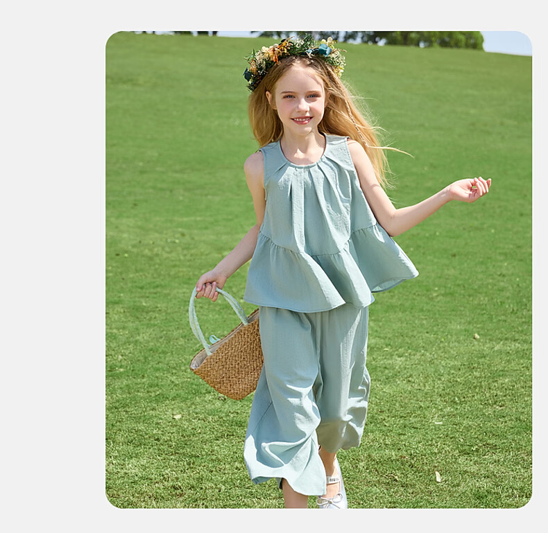 ASK JUNIOR Girls' Summer Set Youth Sleeveless Tank Top and Straight Wide-Leg Pants Two-Piece Green 170 18