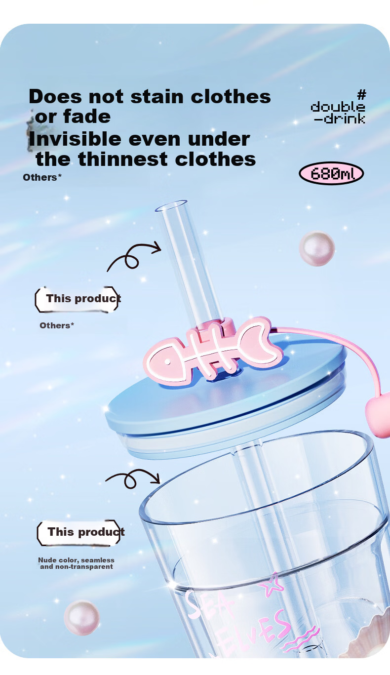 BABLOV Double-Layer Glass Cup for Women High-Value with Straw Children's Water Cup Summer New Office Large Capacity Cup 8