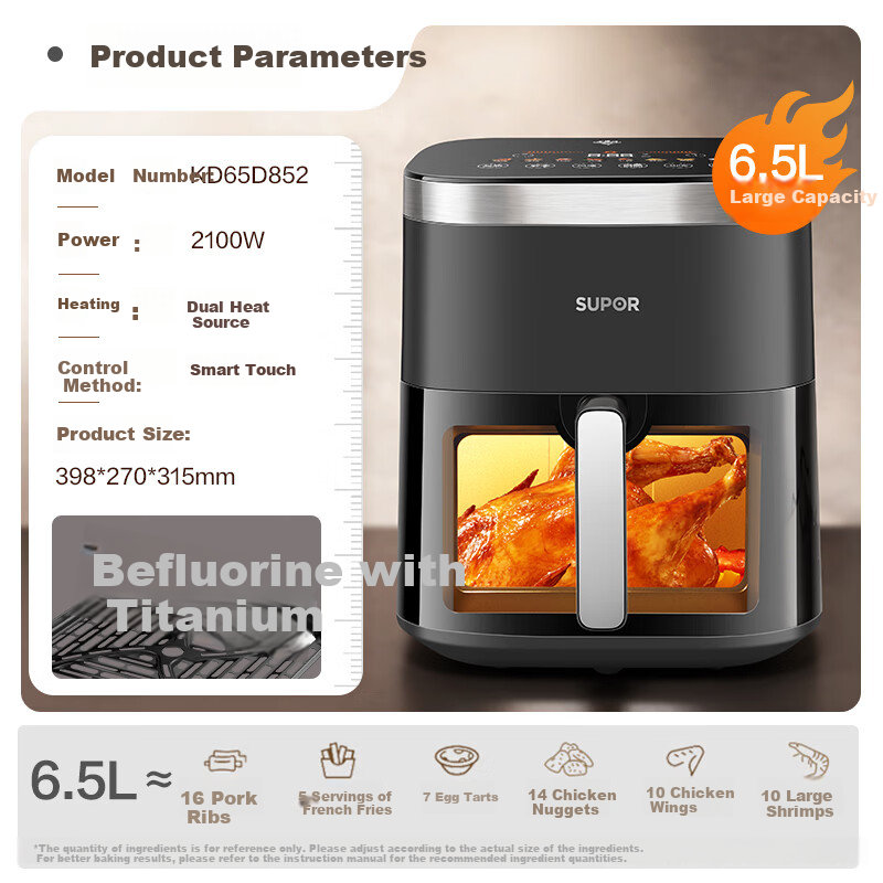 SUPOR Tornado Air Fryer Dual Heat Source 6.5L Fully Automatic Fryer and Oven Titanium New Steam Tender Fry KD65D852