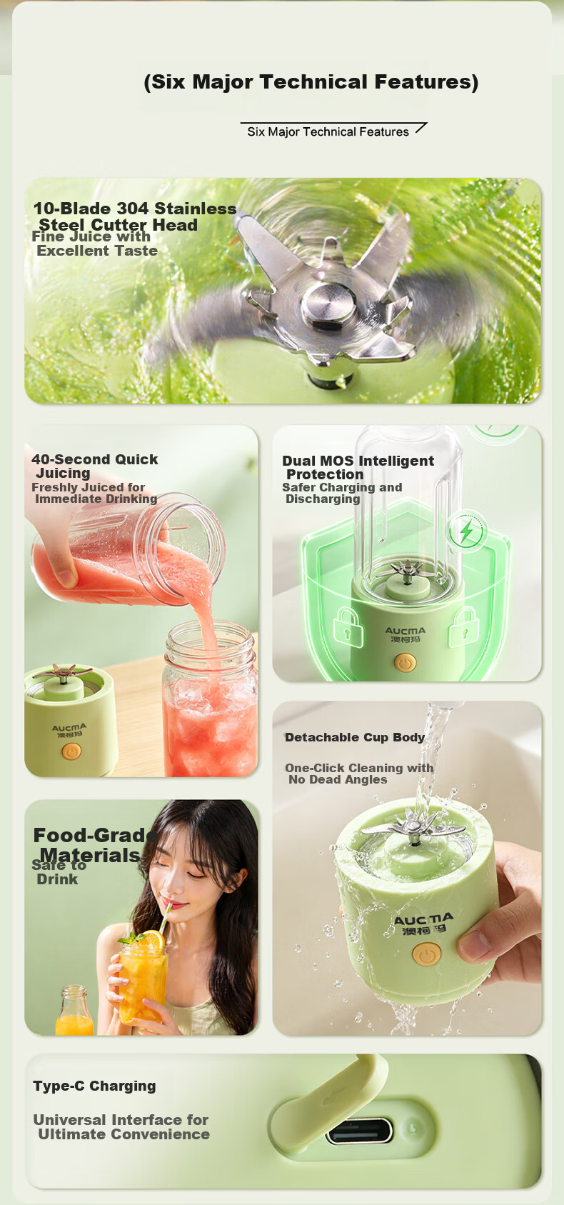 AUCMA New Dual-Cup Juicer Large Capacity Portable Juicer Fruit and Vegetable Juice Maker Household 380ml Baby Food Blender Easy to Clean SZ76GS2 2