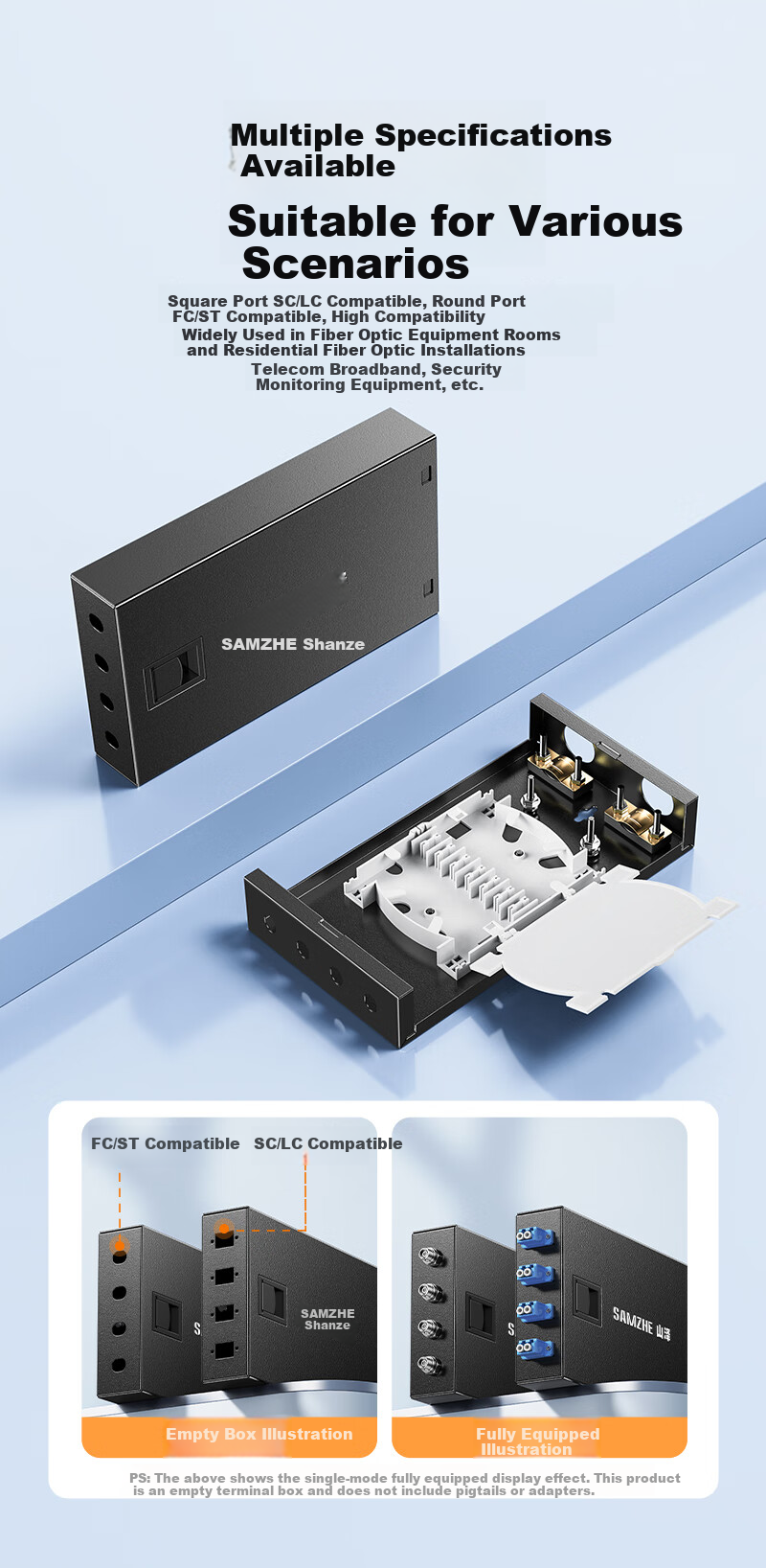Sanze Fiber Optic Terminal Box 4-Port 4-Core SC Single-Mode Rack-Mount Fiber Distribution Frame Fully Loaded Pigtail Flange Wall-Mounted Desktop Telecom Grade Fiber Splice Box ZDH-SC4S 3