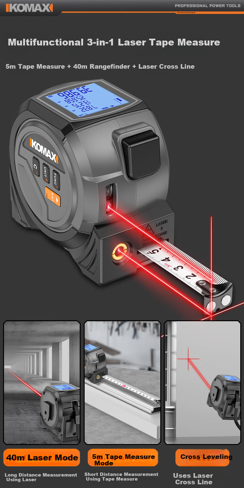 KEMAISI 3-in-1 Laser Distance Measuring Tape Infrared Rangefinder High-Precision Handheld Electronic Ruler Tape Measure for Carpentry 11
