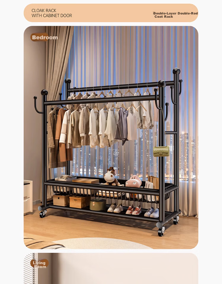 Yixuan Floor Clothes Rack Coat Hanger Bedroom Garment Rack Thickened Sturdy Drying Rack Storage Rack 15
