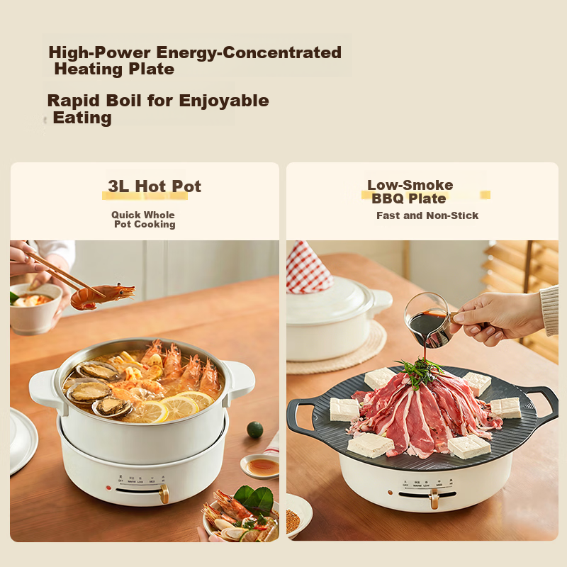 IMiMONE MiMeng Electric Hot Pot Electric Cooker Hot Pot Dedicated Pot 2-4 People Non-Stick Detachable Washable Household Frying Pan 304 Stainless Steel No Coating Multifunctional Pot 3L White IM301