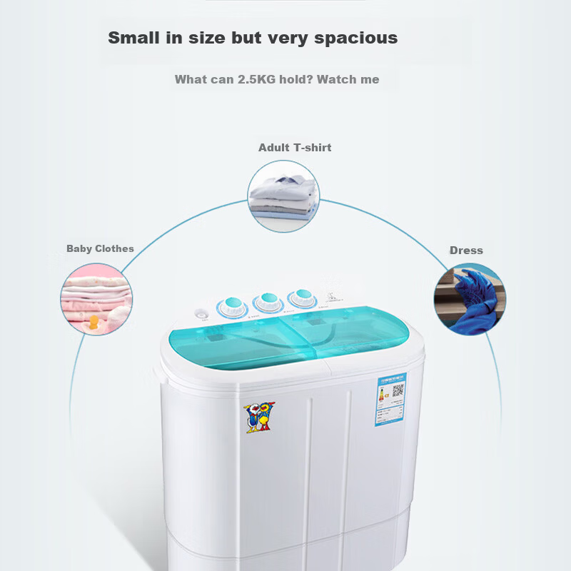 XIAOYA Trendy Lifestyle Appliances 2.5kg Twin Tub Mini Semi-Automatic Washing Machine for Baby and Children's Underwear Socks Small Items Separate Washing and Spinning Mini Model