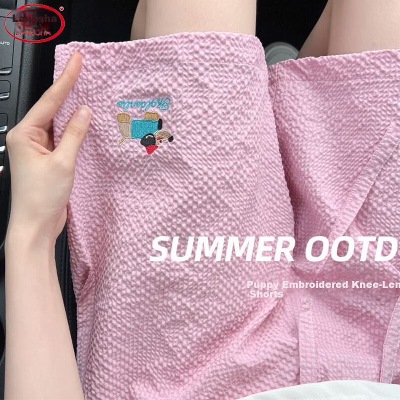 Langsha Women's Summer Thin Embroidered High-Waist Quick-Dry American Style Sports Shorts Beach Mid-Length Pants