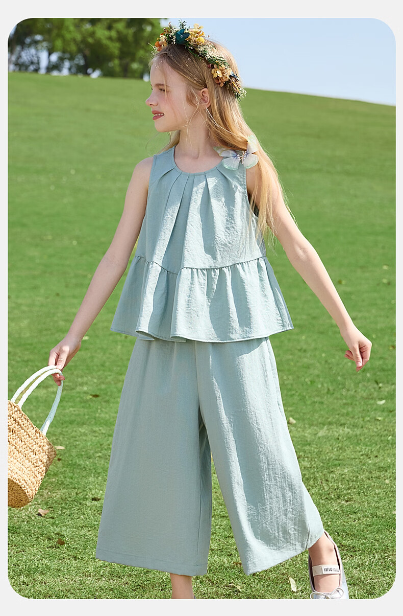 ASK JUNIOR Girls' Summer Set Youth Sleeveless Tank Top and Straight Wide-Leg Pants Two-Piece Green 170 23