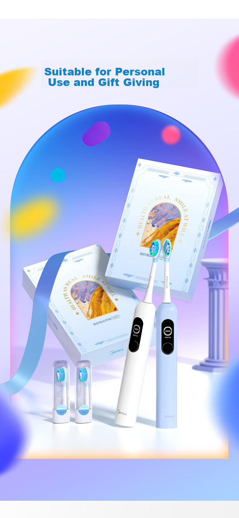 Midea OK Electric Toothbrush with Large Screen, Vibration Sweep, Missed Brush Reminder, 45° Wide Swing, Deep Cleaning, Interactive Digital Display, Adult Gift Box, Couple Birthday Gift YM7 Blue 14