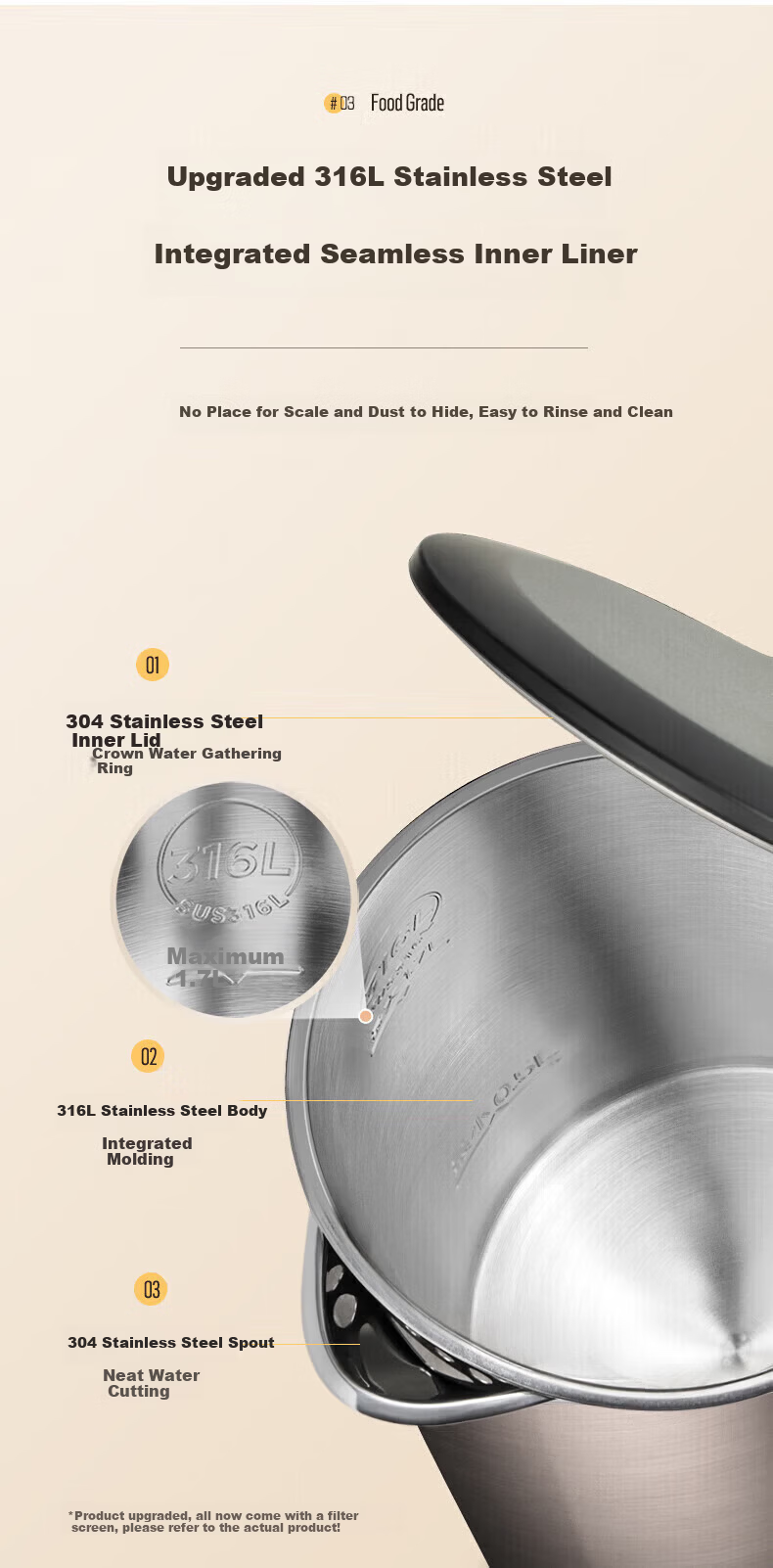 Midea Electric Kettle 1.7L Large Capacity Household High Power Kettle 316L Stainless Steel Inner Pot Double Layer Anti-Scald and Dry-Boil Protection Electric Kettle MK-PJ17A01 3