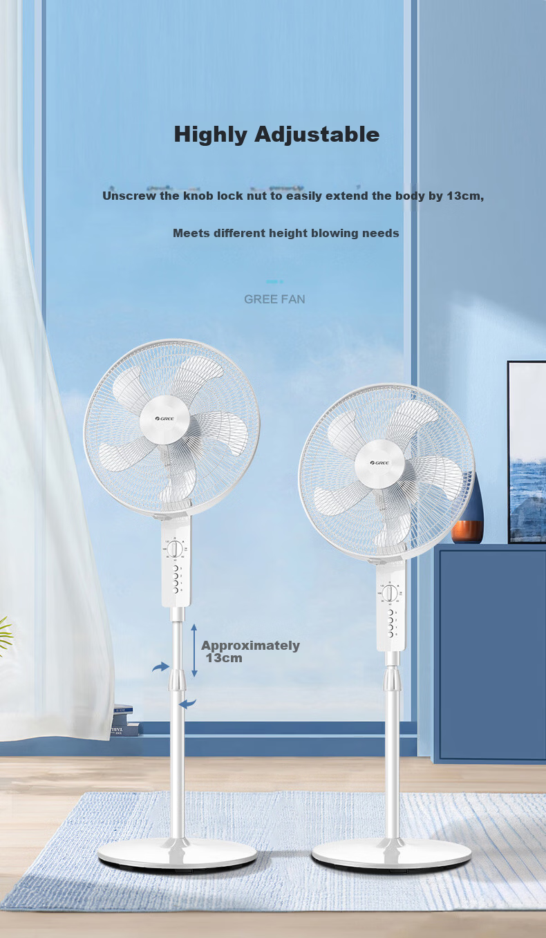 GREE Large Airflow 5-Blade Household Electric Fan Office Adjustable Height Pedestal Fan with Timer FD-4012-WG 5
