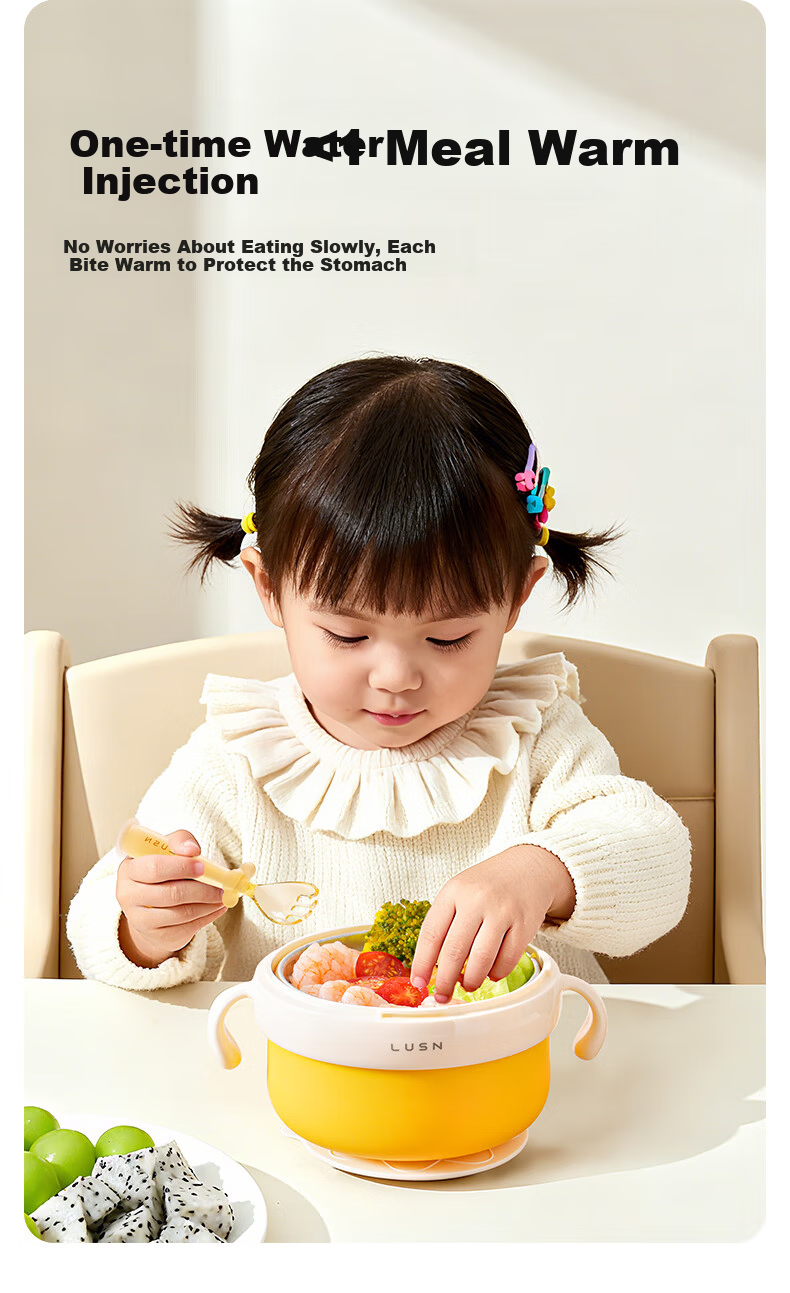 LUSN Stainless Steel Baby Feeding Bowl Anti-Drop Temperature-Controlled Children's Tableware Insulated Water-Filled Lunch Box 9