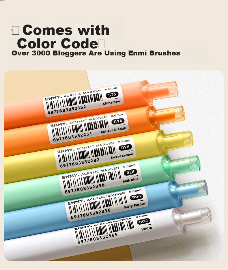 Enmy Rainbow Acrylic Liner Pen Classic Colors 6-Color/Box Professional Watercolor Art Click-Action Fine Tip Painting Pen High-Quality Full Set Marker 11