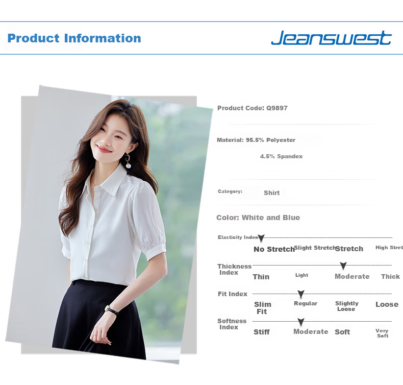 Jeanswest Women's Shirt 2026 Summer Short Sleeve Elegant Versatile Fashion V-Neck Solid Color Top Blue L 2