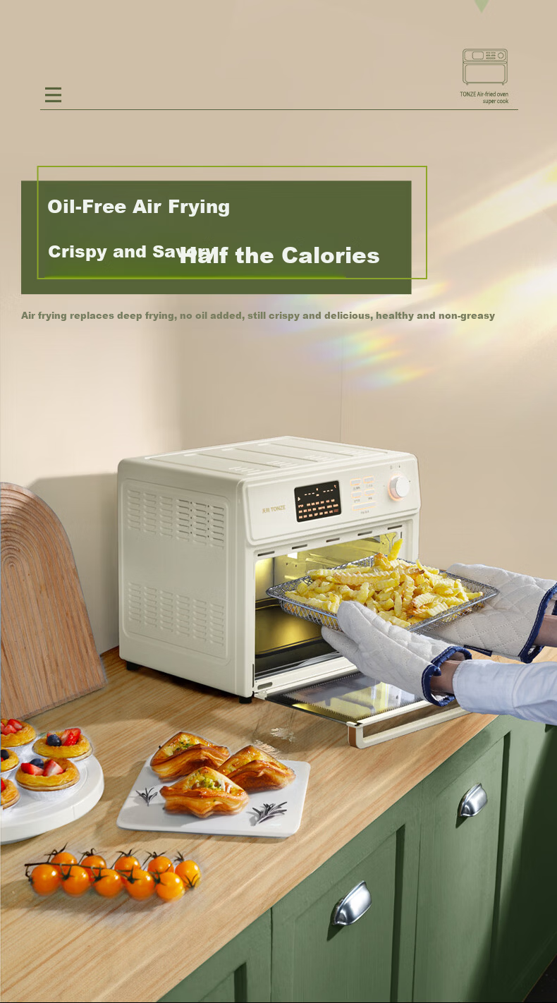 TONZE Multifunctional Electric Oven Home Air Fryer Combo Small 15L Air Fryer Oven Oil-Free Fat-Removing Tender Frying Hot Air Circulation RF3W 8
