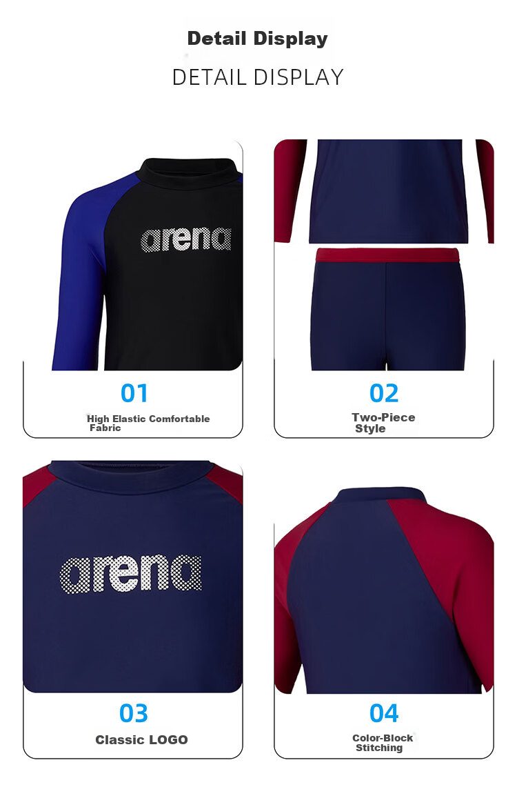 Arena Kids Youth Long Sleeve Two-Piece Sun Protection Stretch Comfortable Boys Girls Swimsuit Set 7