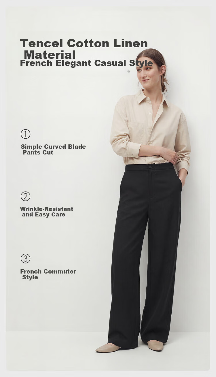 JD Jingzao Tencel Linen Wide-Leg Pants for Women Summer Thin Style Casual Straight Pants Navy Blue 2XL 5