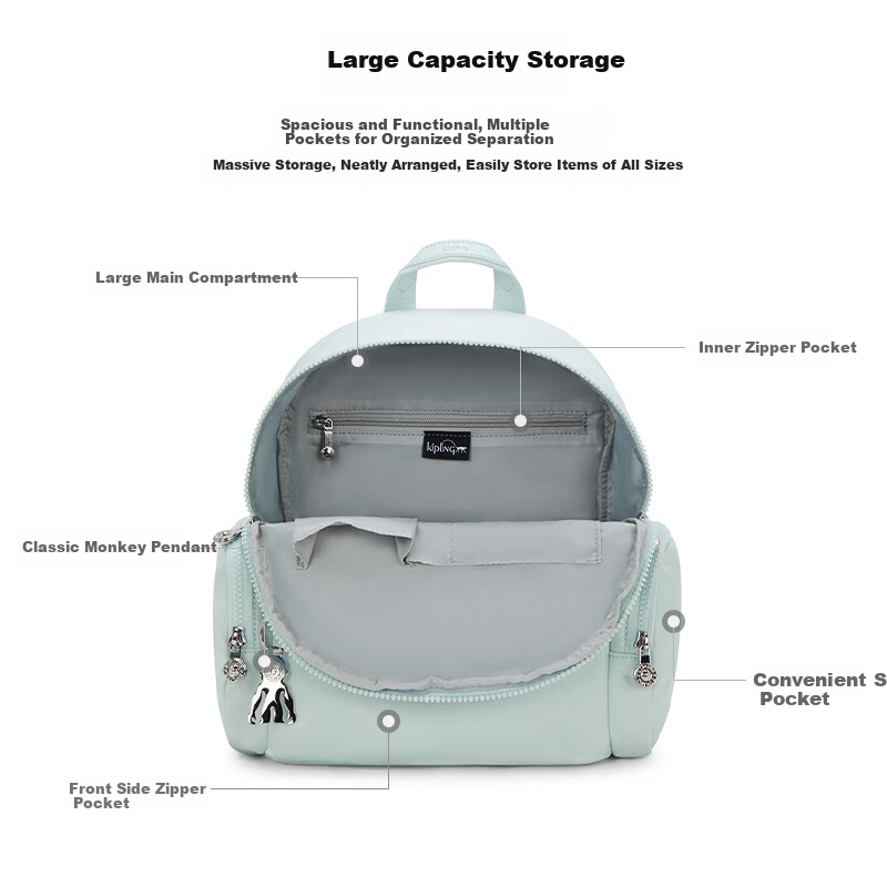 Kipling 2026 Student Backpack Multi-Compartment Shoulder Bag Monkey Bag MATTA Glacier Blue Birthday Gift