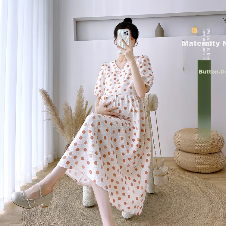 JOYNCLEON Maternity Summer Dress Lightweight Plus Size Loose Polka Dot Floral Long Dress Orange XL Jly157192 1