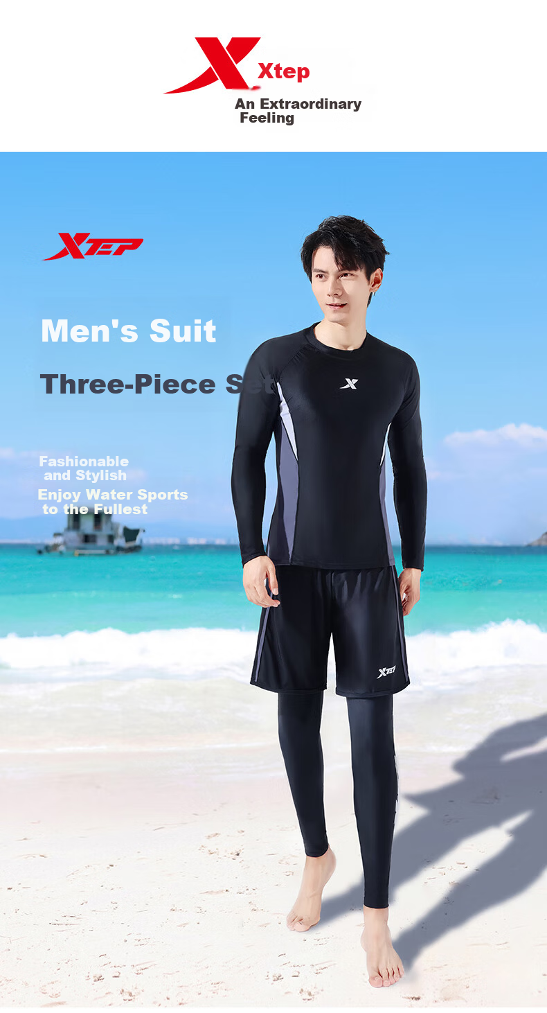 Xtep Men's Slim Fit Quick-Dry Long Sleeve and Long Pants Swimwear Set Professional Swimming and Diving Suit Swim Gear 1