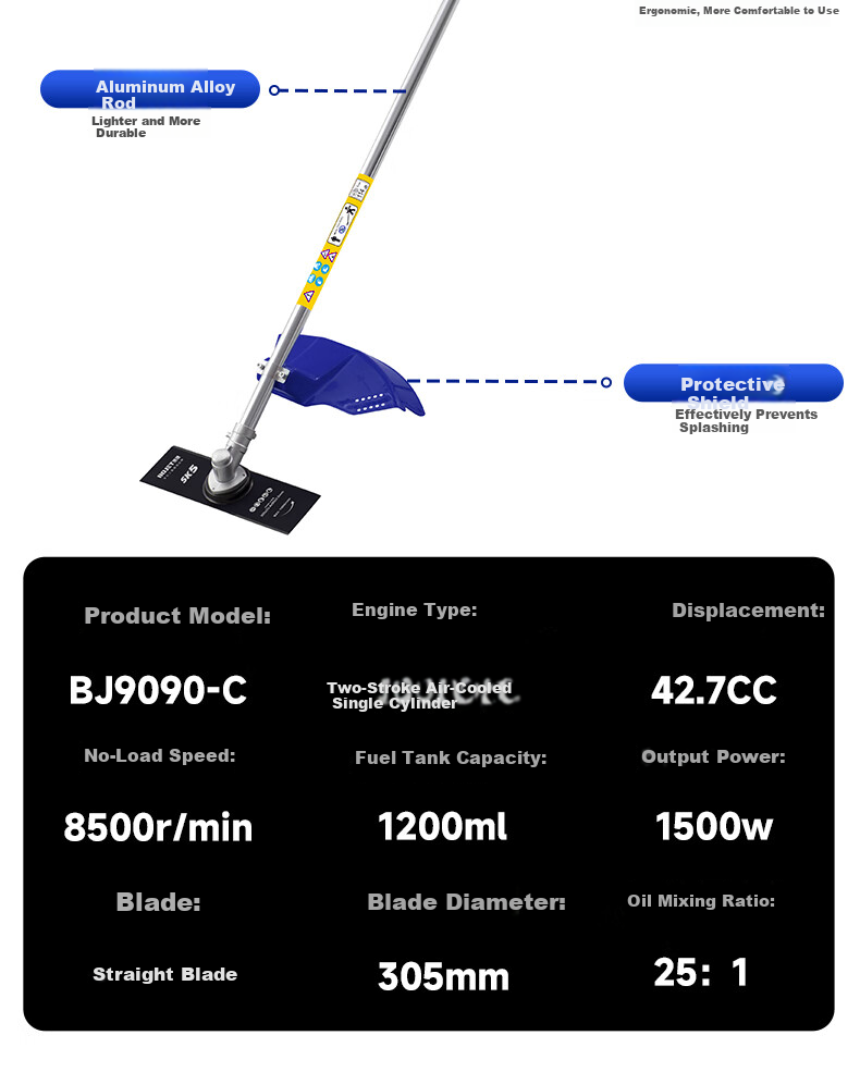 Bojie 9090C 1.5KW Gasoline Brush Cutter 2-Stroke Grass Trimmer Handheld Lawn Mower 10