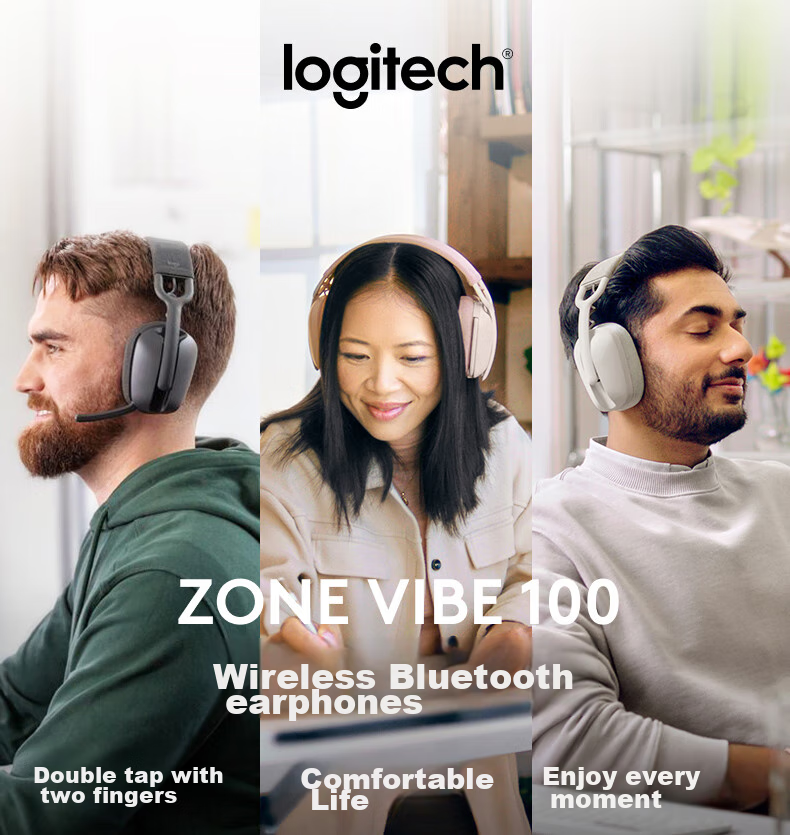 Logitech Zone Vibe 100 Bluetooth Headphones for Music, Office, And Casual Use with Microphone, Pink (A00167) 1