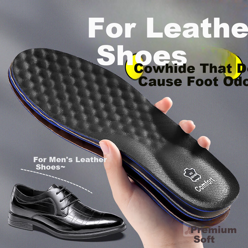 Footprint Tribe Men's Leather Insoles Soft Elastic Cowhide Anti-Fatigue Sweat-Absorbing Odor-Resistant Breathable Black Size 37-38