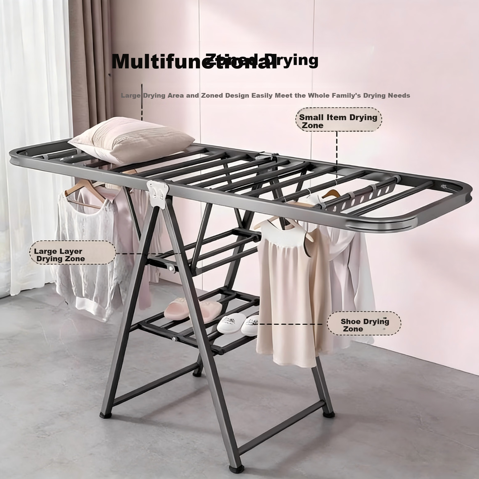 Jiajieshi Folding Floor Clothes Drying Rack Indoor Garment Rack Balcony Quilt Drying Rod 1.5m Gray
