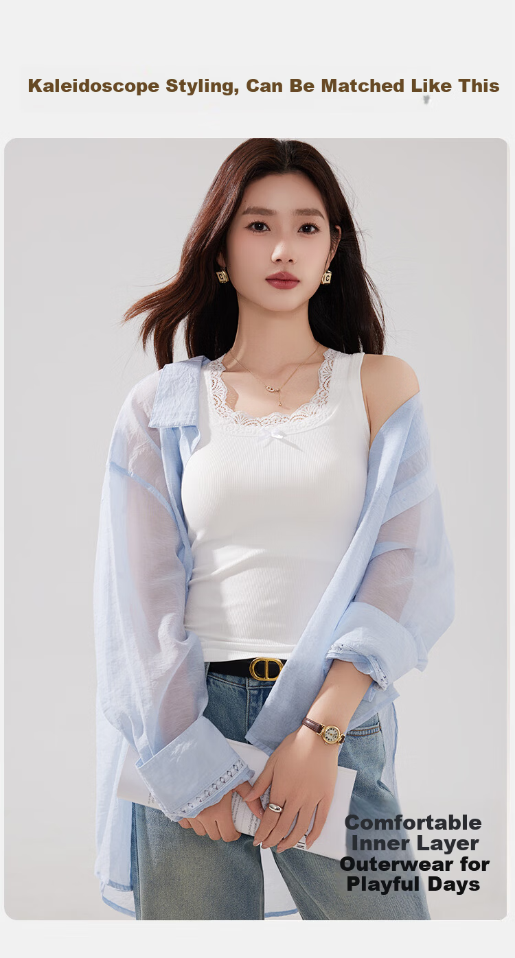 Herbal Original Color Women's Vest with Chest Pad, Cotton Lace Trim, Bowknot, Summer Slim Fit Back Beauty Inner Wear Top 3