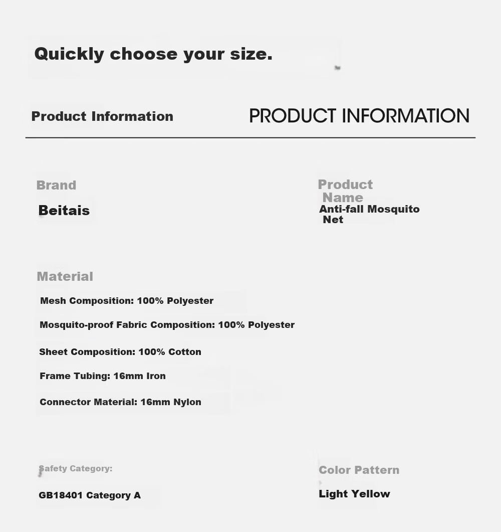Beitais Anti-Fall Mosquito Net Baby Home Children's Bed Rail Zipper Bottom Basic Light Yellow 1.8*2m 35