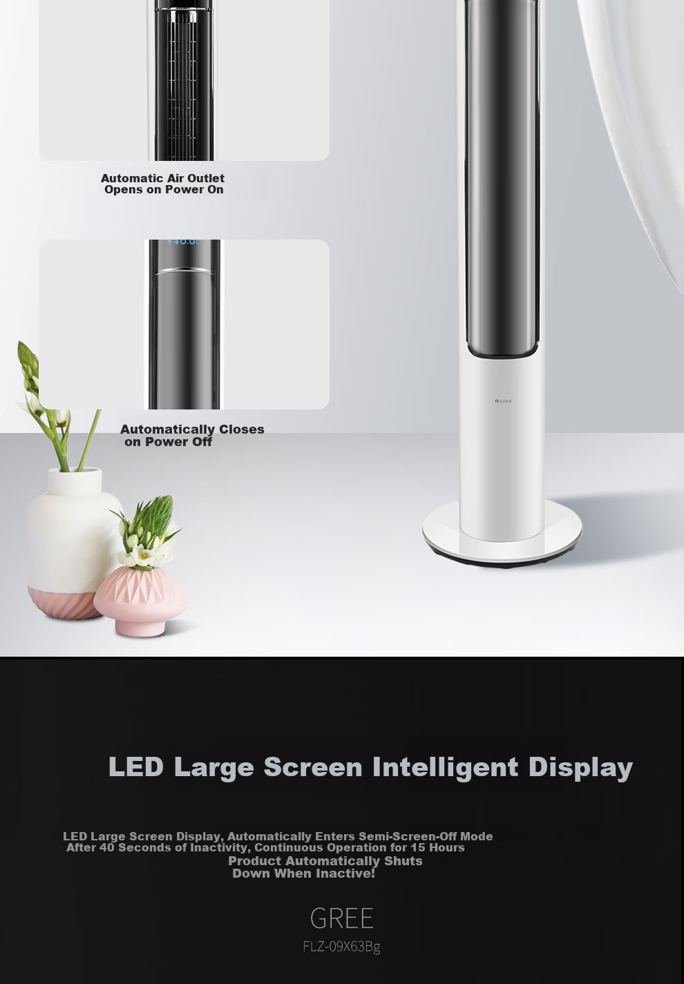 GREE Tower Fan Home Floor Fan Bladeless Quiet Low Noise Baby Smart Remote Control Timer DC Inverter FLZ-09X63Bg 12